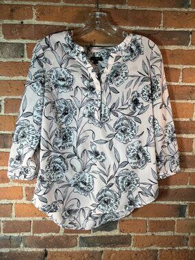 Talbots Floral Popover Blouse | Size M | Pastel Pink Black 3/4 Sleeve
